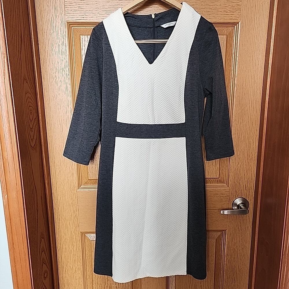 Liz Claiborne Gray & Cream Color Block Knit Dress Size 12 3/4‎ Sleeve Zip Back